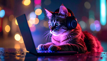 cat using laptop in dark room, neon light, AI Generated