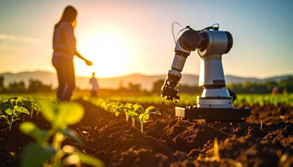 automatic robot arm harvesting plant in field against sunset, AI Generated