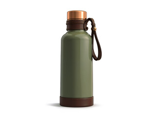 Army green thermos flask with leather strap, ideal for camping, military, or travel content. Generative AI