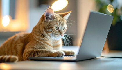 cat using laptop in modern home, dept of field, AI Generated