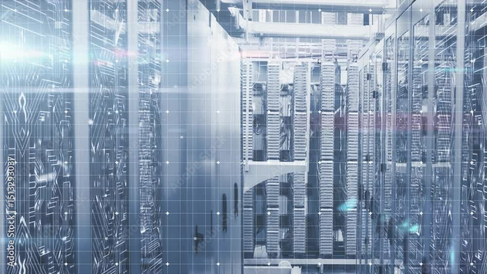 Poster upon overlay appearing server racks framing corridor pulsing with lights visualizing network fusion