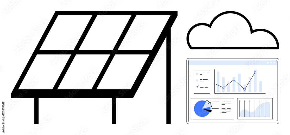 Poster solar panel, data cloud, and analytics dashboard with charts showcasing data tracking and energy eff