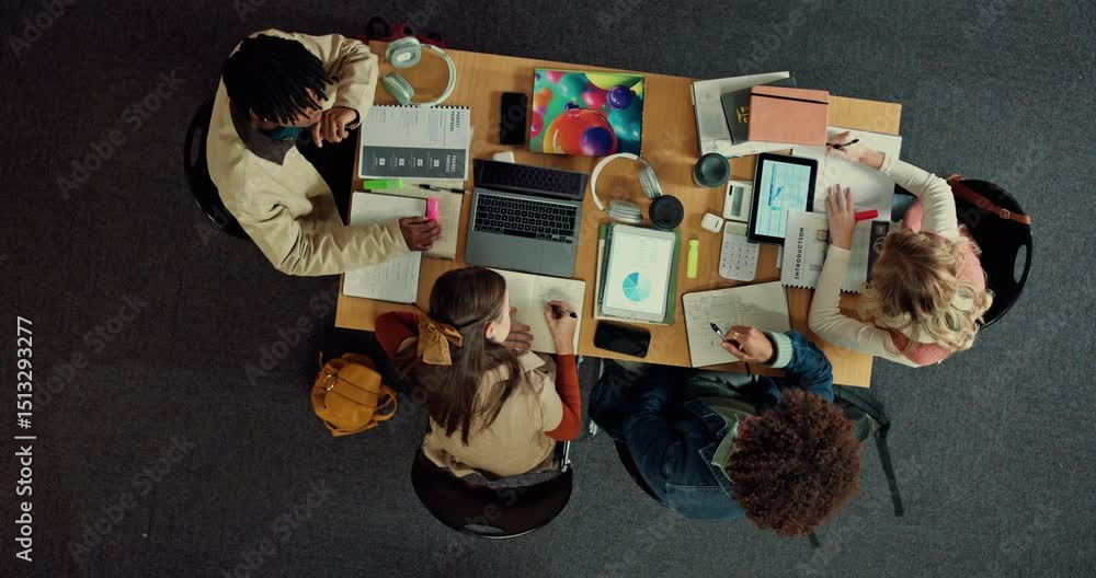 Poster studying, group and writing notes in library, above and student with tech for knowledge or notebook.