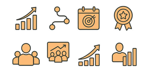 Outline with Fill style icons of freelance growth: upward graph, milestones, calendar goal, achievement badge, team expansion, audience rise, growth arrow, personal chart.