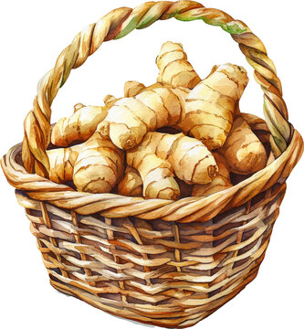 ginger in wicker basket watercolor illustration art drawing 