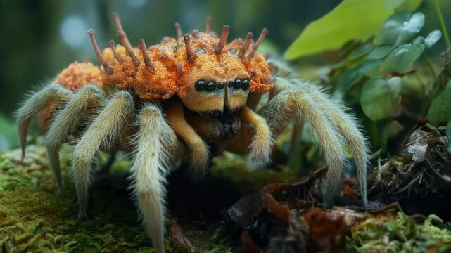 A close-up shot of a spider sitting on a mossy surface