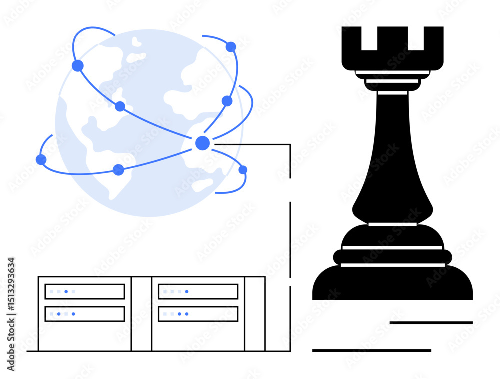 Poster globe with connected points linking networks, servers symbolizing data storage, and chess rook for s
