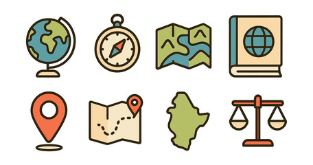 Outline with Fill icon set for geography learning: world globe, compass, terrain map, geography book, location pin, travel route, country outline, scale icon.