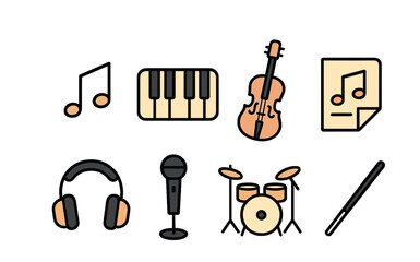 Outline with Fill icon set for music lessons: music notes, keyboard, violin, sheet music, headphones, mic stand, drum set, conductor wand.