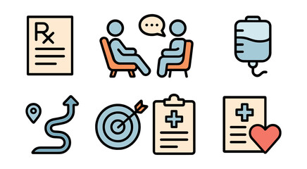 Outline with Fill style icons of treatment procedures: prescription page, therapy icon, IV fluid, bandage roll, recovery path, health goal, treatment note, care plan.