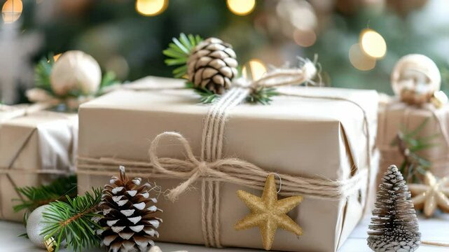 Holiday gifts wrapped in craft paper with twine, adorned with pinecones and ornaments, evoking festive cheer. Background lights add a warm glow, perfect for Christmas celebrations.