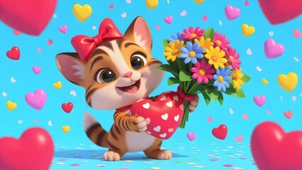 Fototapeta premium A cute cartoon cat with a bow and flowers is holding a heart and smiling with joy. This heartwarming scene is perfect for Valentine's Day.