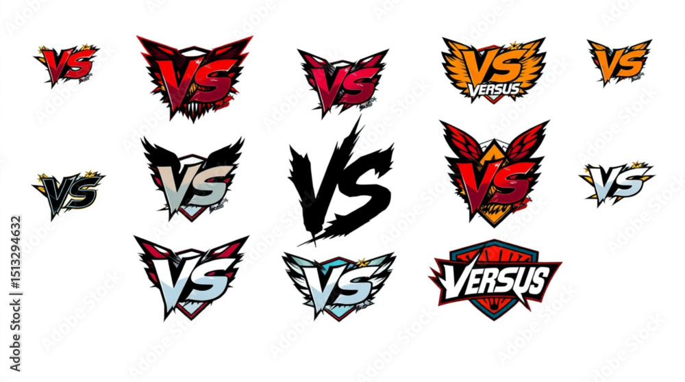 Poster collection of versus logos with various designs including wings and sharp edges on a white backgroun