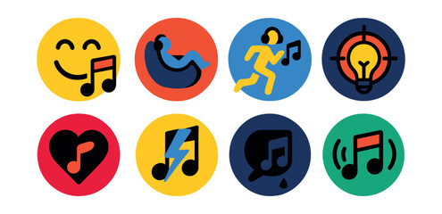 Flat vector icons of music mood categories: happy playlist, chill icon, workout playlist, focus mode, romantic music, energetic beats, sad song, ambient mix.