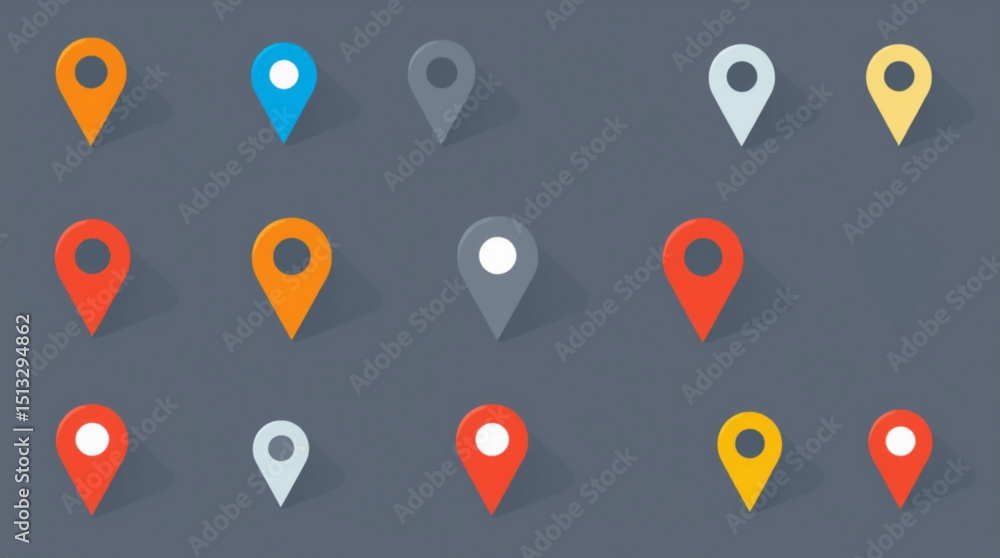 Poster various colorful location pin icons arranged on a gray background in a structured and organized mann