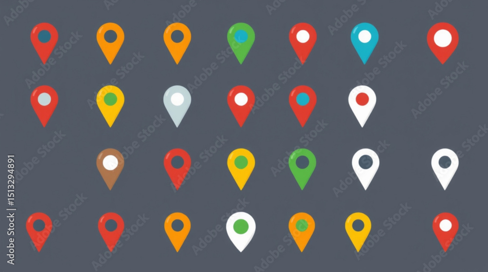 Poster collection of colorful map location pins arranged in a grid pattern on a gray background view create