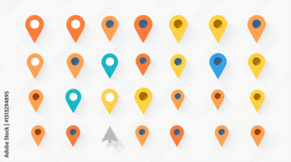 Poster a grid of colorful location pin icons with a gray arrow pointing to the right at the bottom row crea
