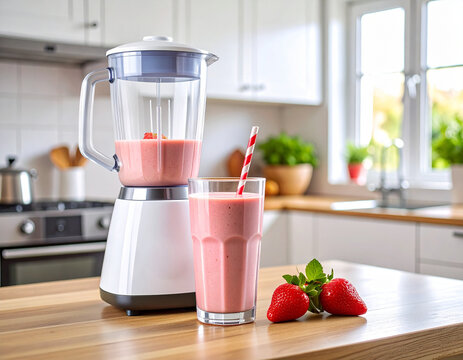 Una batidora el&eacute;ctrica y un vaso de cristal con batido refrescante y natural de fresa con fresas sobre la mesa de una cocina luminosa