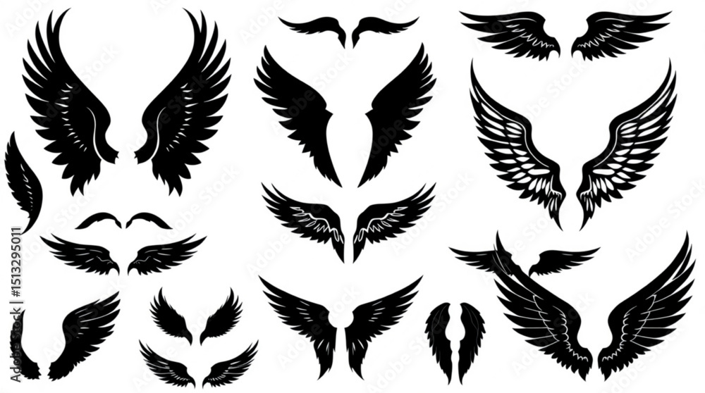 Poster collection of various black silhouette wings designs in different shapes and sizes on a white backgr
