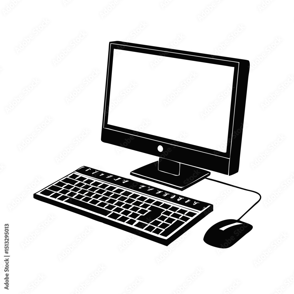 Poster desktop computer setup vector illustration: essential technology for work, study, gaming, and digita