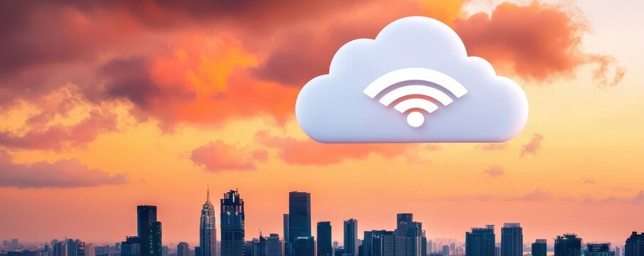 economy consumption strategy concept. Skyline at sunset with a cloud symbol featuring a Wi-Fi icon, representing connectivity and technology.