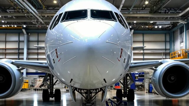 An airplane is positioned in a maintenance hangar, demonstrating the aviation industry's focus on innovation and transport