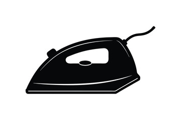 Silhouette art illustration of a classic electric iron with metal plate and fabric cord.eps