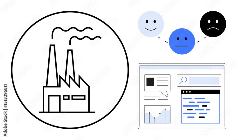 Aufkleber factory with smoke stacks, three emoticon faces representing feedback, a data dashboard with charts 