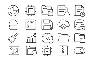Line style icons of app storage and memory: storage usage, memory icon, file access, disk space alert, temp files, cache icon, save data, offline storage, local DB, storage cleanup, usage graph,
