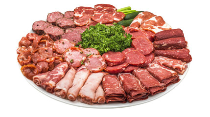 Obraz premium Assorted Cured Meat Platter with Fresh Herbs and Garnish on Transparent Background