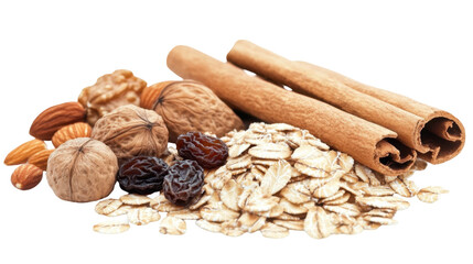 Assorted Healthy Ingredients for Breakfast with Oats Nuts and Cinnamon Sticks on Transparent Background