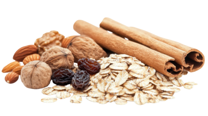 Assorted Healthy Ingredients for Breakfast with Oats Nuts and Cinnamon Sticks on Transparent Background