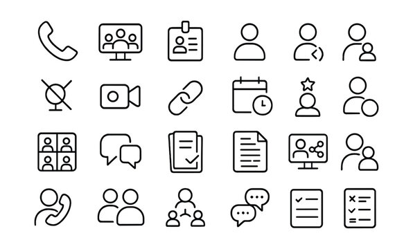 Line style icons of business calls and virtual meetings: call icon, join meeting, speaker badge, video call icon, screen share icon, voice only icon, mute mic, camera icon, invite link, scheduled