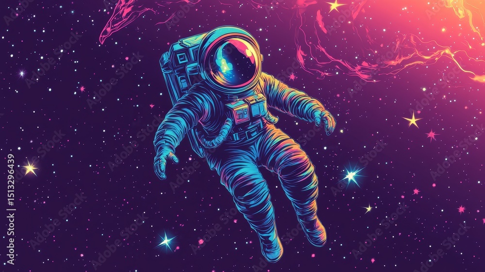Poster astronaut floating in space with stars and colorful nebula background.