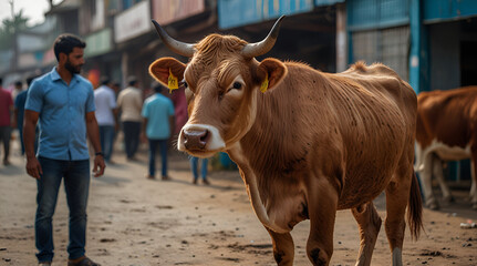 Beautiful cow is standing for sale in the market for the sacrifice feast of Eid 2022,generative.ai
