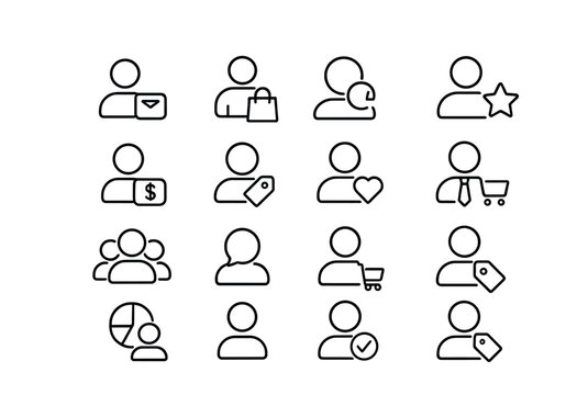 Line style icons of user roles and customer types: guest user, registered buyer, returning customer, VIP badge, subscriber icon, wholesale account, loyalty member, account tier, multi-user profile,