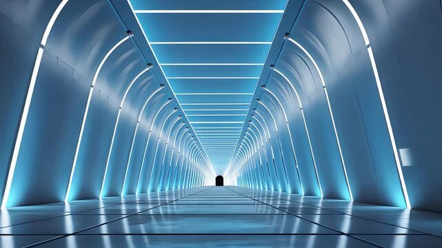 Futuristic tunnel with glowing blue arches and reflective floor leading to a distant bright exit showcasing modern architecture