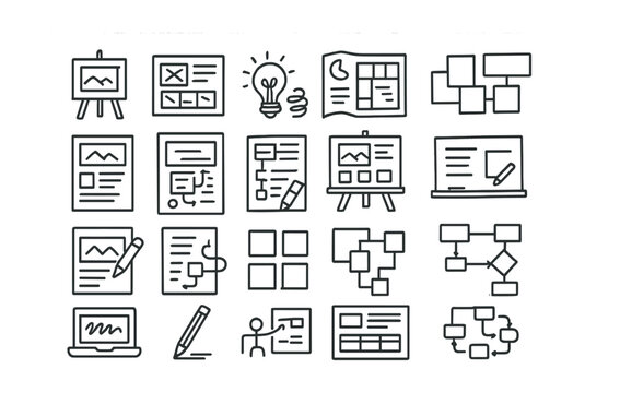 Line style icons of sketches and concept design: lesson sketch, course wireframe, idea scribble, module structure, learning layout, concept board, visual lesson plan, whiteboard sketch, quick draft,