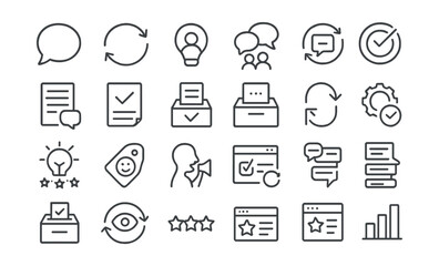Line style icons of feedback loops and iteration: feedback icon, review cycle, customer insight, team feedback, iteration badge, feedback form, product note, suggestion box, open response,