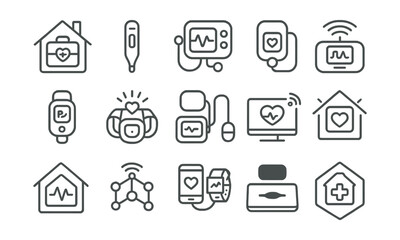 Fototapeta premium Line style icons of remote monitoring and home diagnostics: home monitoring kit, smart thermometer, remote ECG device, glucose monitor, oxygen sensor, smart band alert, blood pressure device,