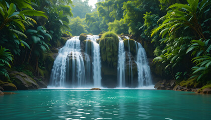 Beautiful Tropical Waterfall with Emerald Lagoon in Dense Rainforest – Nature Travel Background