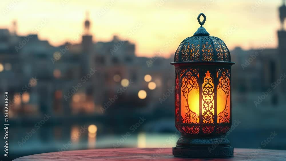Poster a lantern sitting on top of a wooden table in a warm and cozy setting