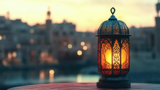 A lantern sitting on top of a wooden table in a warm and cozy setting