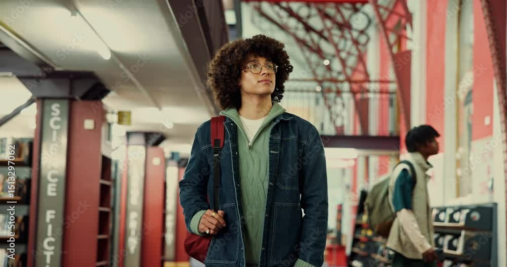 Poster Man, university and student walking in library for study resources, textbook search and knowledge. Gen z, person and backpack on college campus for learning material, academic improvement or citation