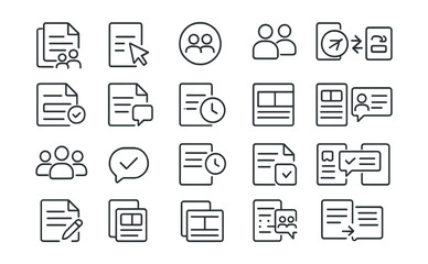 Line style icons of co-editing and shared task tools: shared doc tile, real-time editor icon, co-edit badge, simultaneous typing icon, shared cursor badge, document sync icon, comment highlight tag,
