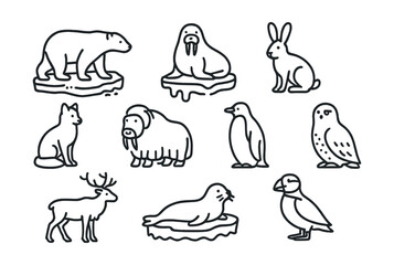 Line style icons of animals vulnerable to rising temperatures: polar bear on ice, walrus on melting floe, snow hare, Arctic fox, musk ox, emperor penguin, reindeer, sea ice seal, snowy owl, puffin.