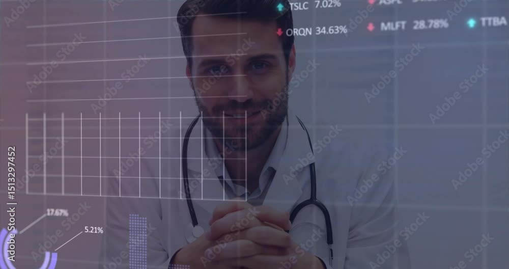 Poster male physician analyzing health data as gridlines fading in animating line graphs and gauges