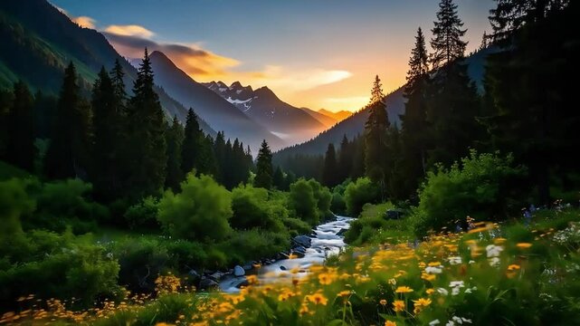 4k (UHD) aerial view. Low flight over fresh cold mountain river at sunny summer morning. Green trees and sun rays on horisont.