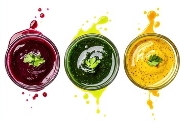 Cut out of chimichurri sauce, honey mustard, and beetroot sauce splashed in vibrant green, glossy yellow-gold, and deep magenta colors, isolated on PNG transparent background