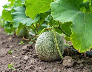 Cantaloupe melon ripening on vine, displaying rough rind surrounded by vibrant green foliage in agricultural setting